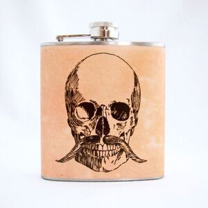 Skull Mustache Flask - Hand Drawn, Rustic, 6 oz Stainless Steel Flask